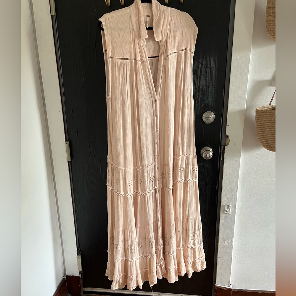 Free People Collared Light Pink Eyelet Maxi Dress